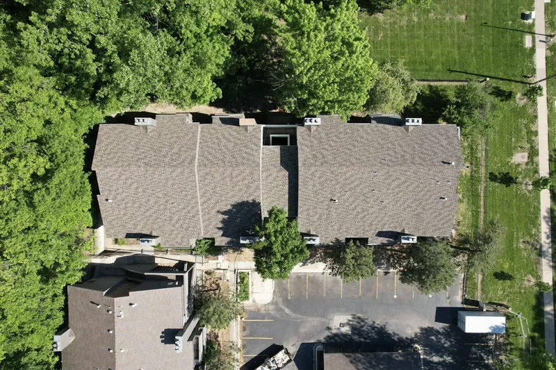 Roofs on a row of multi-unit buildings, seen from above