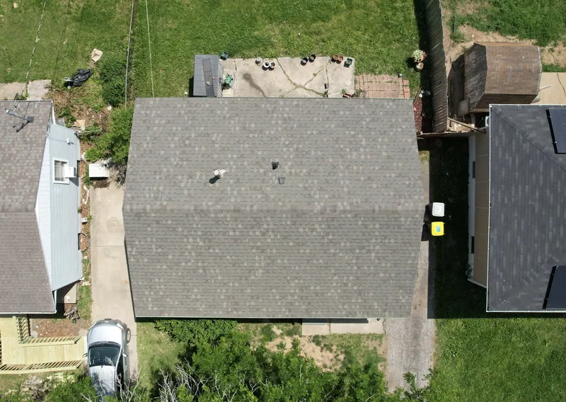 Finished shingle roof seen from above